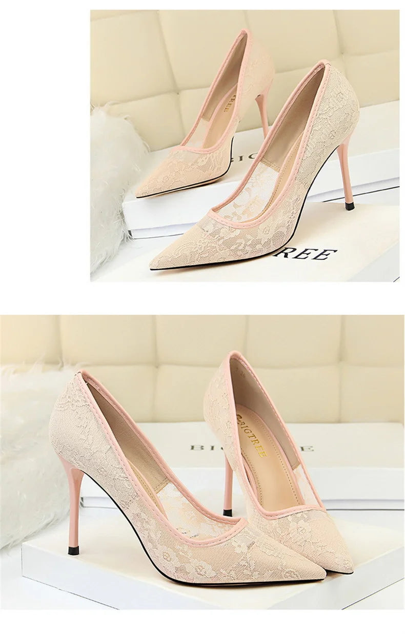 2024 Black Flower Lace Mesh Pumps Women Pointed Toe Shallow Fashion Party Single Shoes Show Thin High Heel Office Shoes