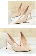 2024 Black Flower Lace Mesh Pumps Women Pointed Toe Shallow Fashion Party Single Shoes Show Thin High Heel Office Shoes