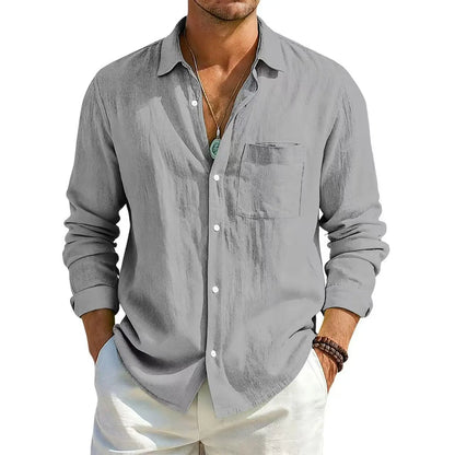 Men's Summer Long Sleeve Shirt Solid Color Loose Cotton Linen Shirt With Pockets Summer Breathable Fashion Casual Shirts for Men