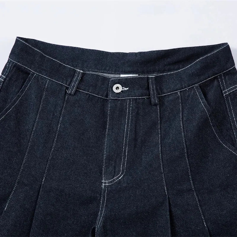 【Mirrordust】Pleated Baggy Jeans Men Loose Wide Leg Jeans Trousers Streetwear Harajuku Hip Hop Jeans Denim Pants