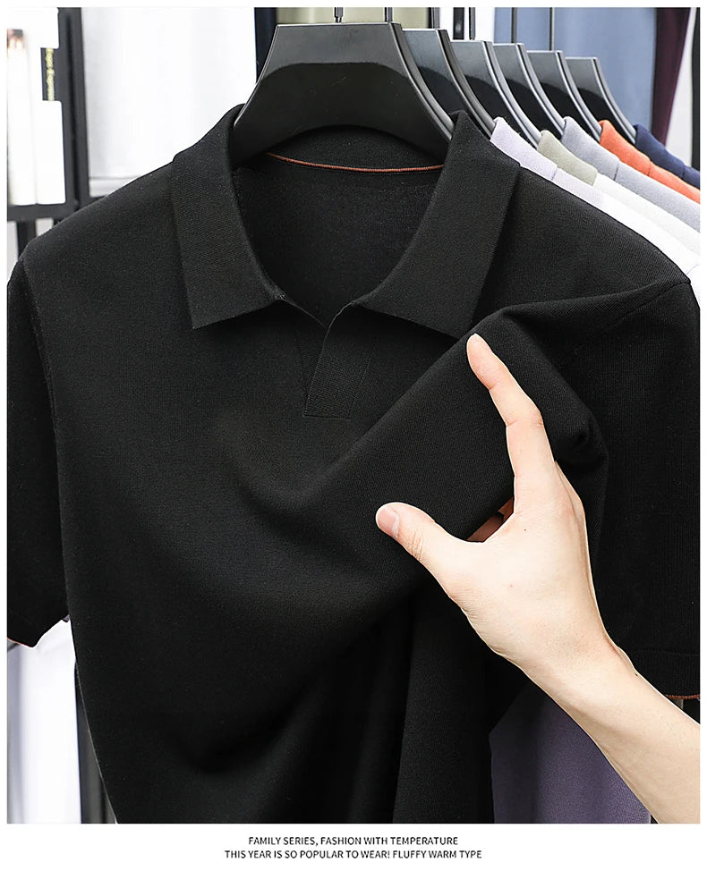 100%  Lyocell Knitwear 2025 Men Spring Summer Trendy Turn Down Collar Knit Tees Short Sleeve Breathable Knit Tops