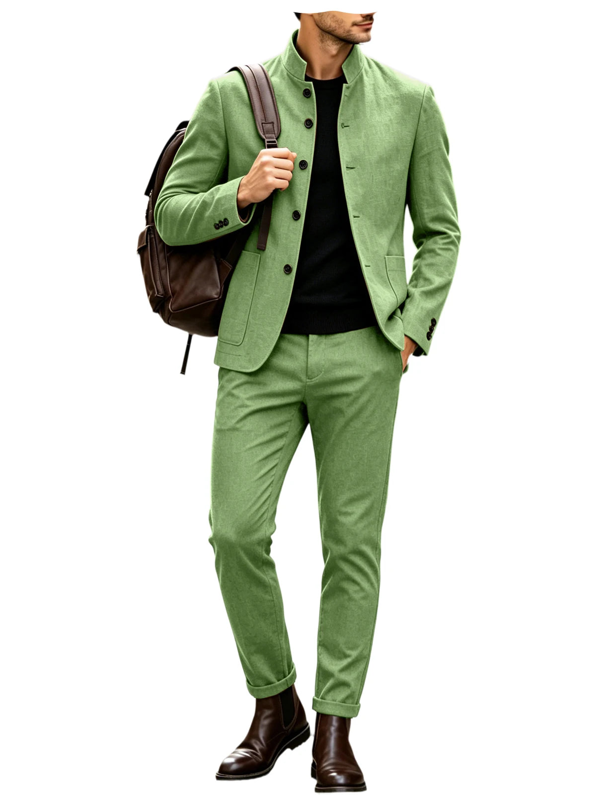Men's Linen Stand Collar Suit 2-Piece Blazer & Pants Set Slim Fit Business Casual Tuxedo Jacket Trousers Formal Wedding Outfit