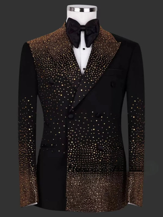Elegant Men 2 Pieces Sets Suits Golden Beads Slim Fit Lapel Customized Groom Party Tuxedos  Fashion Costumes Homme