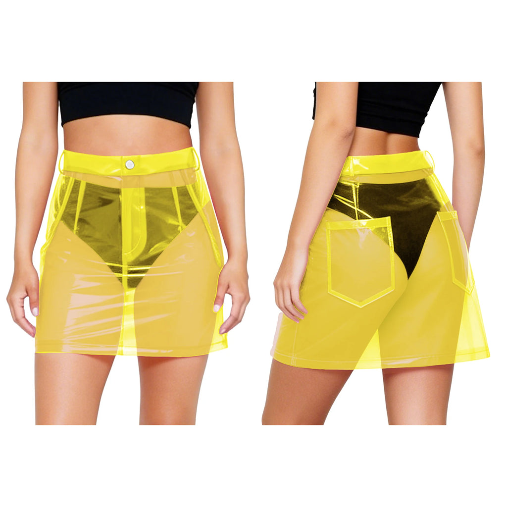 Transparent Pvc Disco Jazz Dance Bodycon Skirt for Women High Waist Pencil Miniskirt with Pockets See Through Cover Up Clubwear