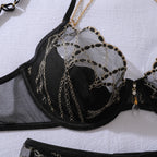 Ellolace Romantic Women's Lingerie Sets Elegant Chains Bra Belt Thong 3PC with Gloves Stockings Shiny Intimate Honey Underwear