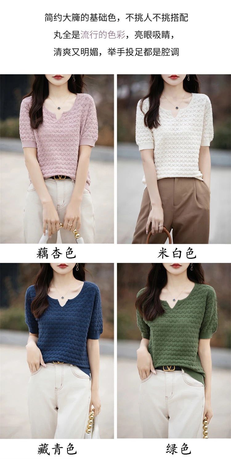 Women's T-shirt Summer New 100% Pure Cotton Tees Casual Solid Knitted Short sleeved V-neck Pullover Loose Tops Fashion Sweater
