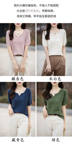 Women's T-shirt Summer New 100% Pure Cotton Tees Casual Solid Knitted Short sleeved V-neck Pullover Loose Tops Fashion Sweater