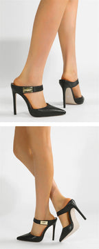 Liyke Fashion Design Metal Decoration Strap Women Pumps Slippers Cozy Leather Pointed Toe Black High Heels Shoes Stiletto Sandal