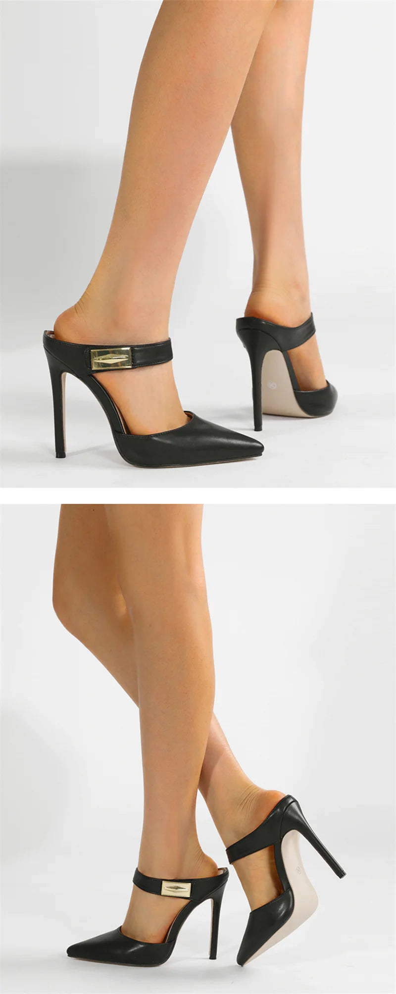 Liyke Fashion Design Metal Decoration Strap Women Pumps Slippers Cozy Leather Pointed Toe Black High Heels Shoes Stiletto Sandal