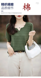 Women's T-shirt Summer New 100% Pure Cotton Tees Casual Solid Knitted Short sleeved V-neck Pullover Loose Tops Fashion Sweater