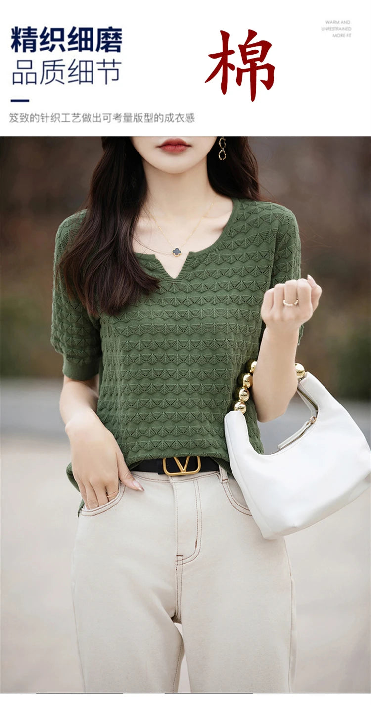 Women's T-shirt Summer New 100% Pure Cotton Tees Casual Solid Knitted Short sleeved V-neck Pullover Loose Tops Fashion Sweater