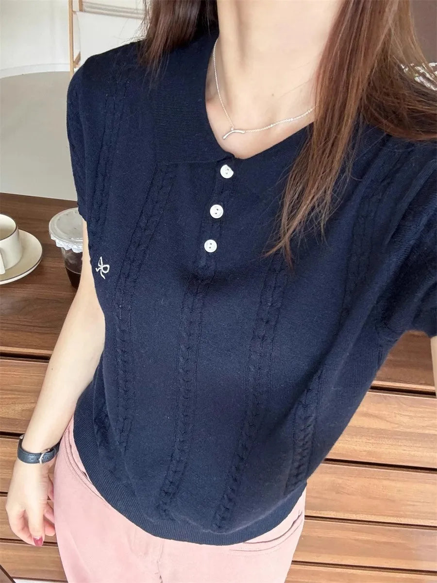 AOSSVIAO 2026 Summer New Korean Fashion Slim Polo shirt Knitted Short Sleeve T-shirt Sweet Bow Embroidered Knitted  Women Tops