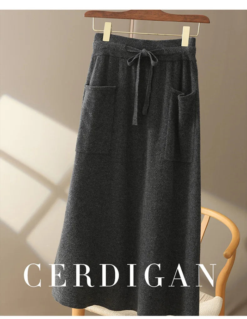 Autumn And Winter100% Pure Wool Skirt Women's Long Pocket Small A Skirt High Waist Slim Cashmere Knit A-Line Skirt