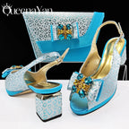 Queena Yan  2025 Shiny Italian Fashion Pointed Toe Women Heel Fashion Rhinestone Decoration Pink Color Shoes And Bag Set