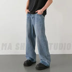 Spring Autumn Men's New Denim Pants Old Blue Washed Casual Jeans Menwear Loose New Fashion contrasting color Wide Leg Trousers