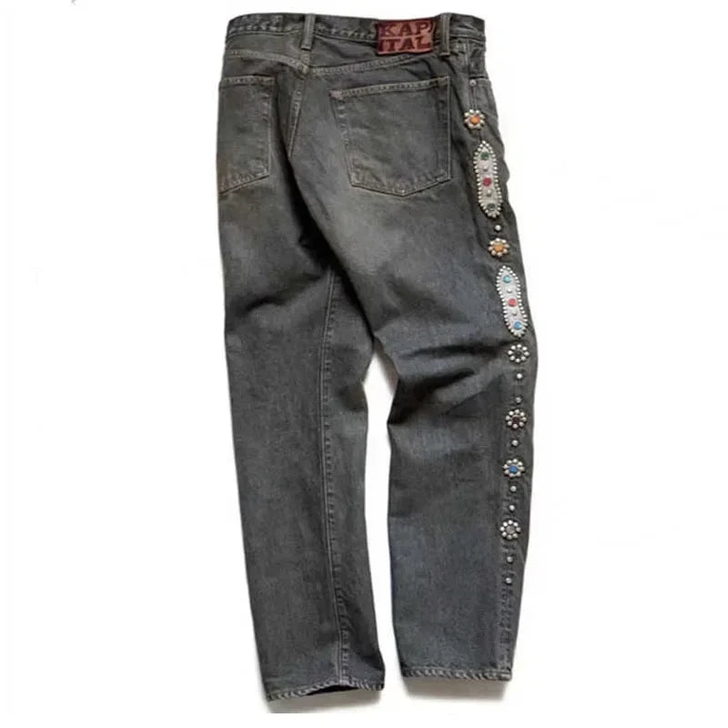 Japan Style KAPITAL 24SS Classic Rivet Set Diamond Casual Cowboy Gemstone Craft Men Jeans Pants