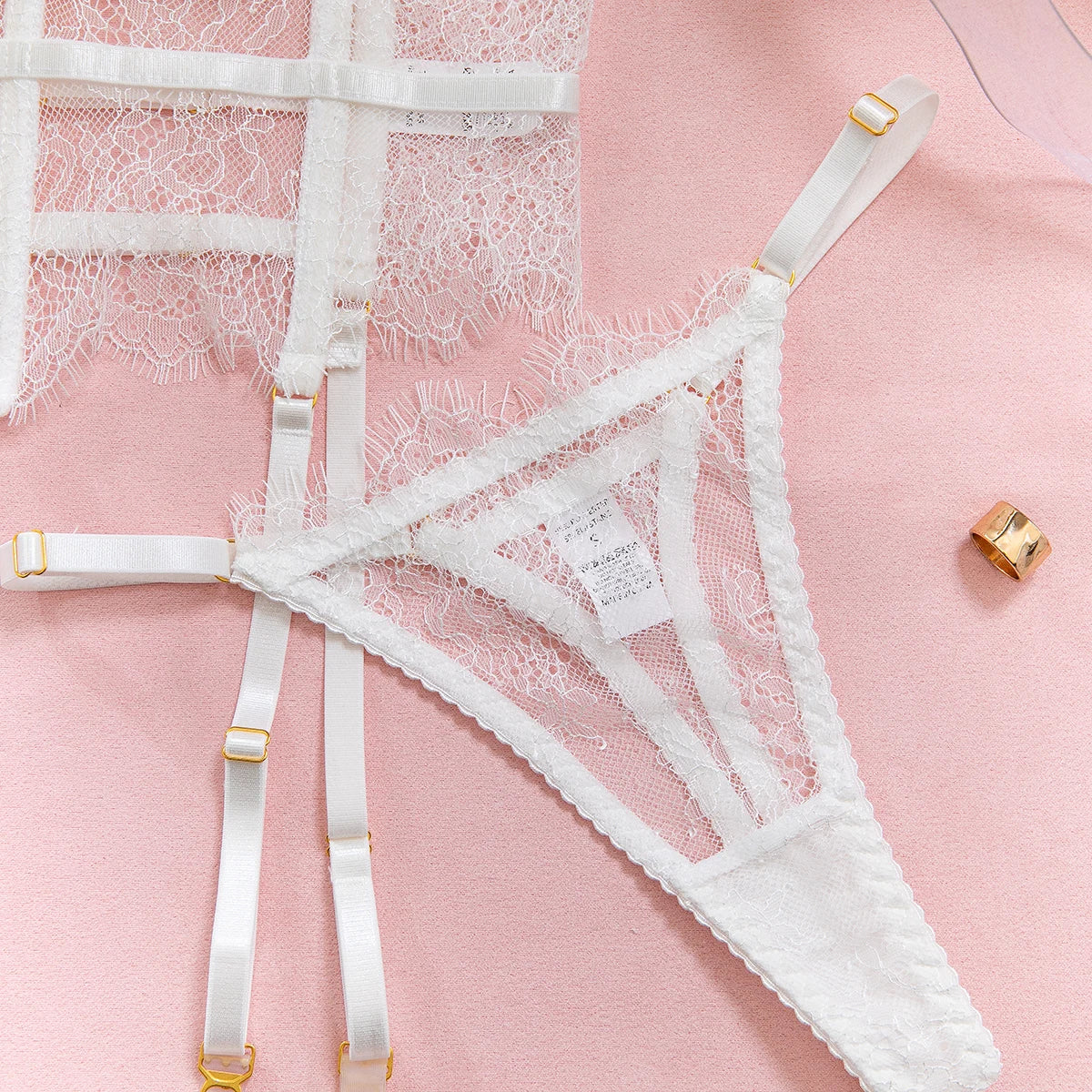 New Eyelash Lace 5-Piece Lingerie Set for Women with Underwire Bra Waistband  Garter Belt Leg Rings Gloves Sexy Comfortable