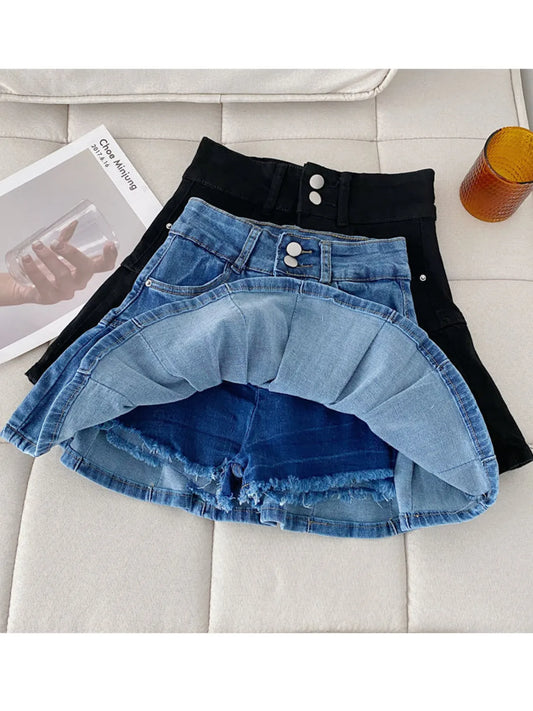 Women's High Waist Pleated Denim Mini Skirt Vintage Washed Skort with Safety Shorts Blue Black 3 Colors