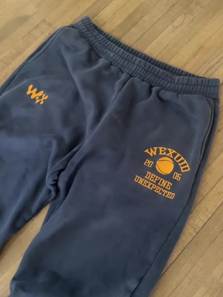 Y2K Retro Navy Sweatpants Letter Badge Embroidery Casual Pants American Trend Hip Hop Streetwear Terry Unisex Baggy Sport Pants