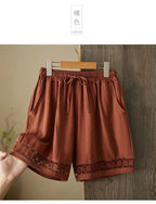 Women's Summer Retro Hollow Lace Trim Linen Shorts Elastic Drawstring Waist Casual Commute Wide Leg Pants