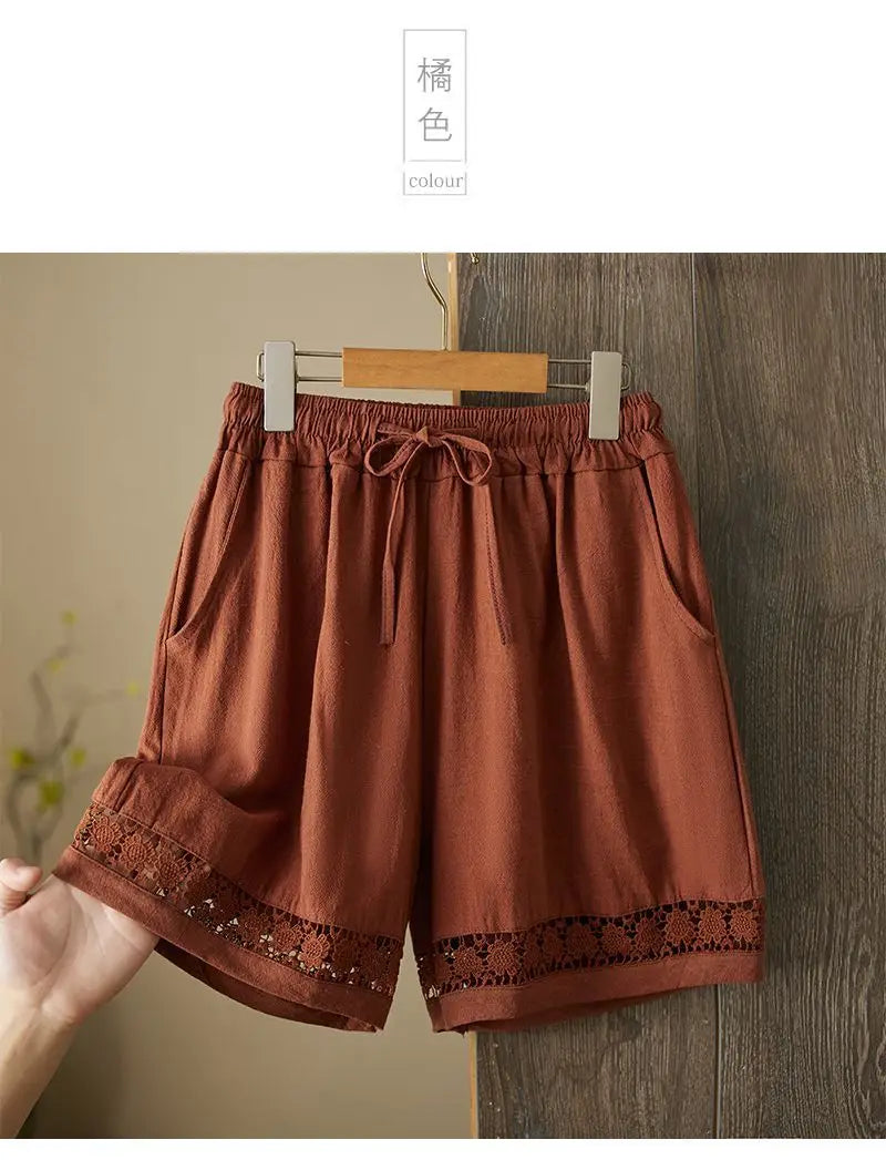 Women's Summer Retro Hollow Lace Trim Linen Shorts Elastic Drawstring Waist Casual Commute Wide Leg Pants