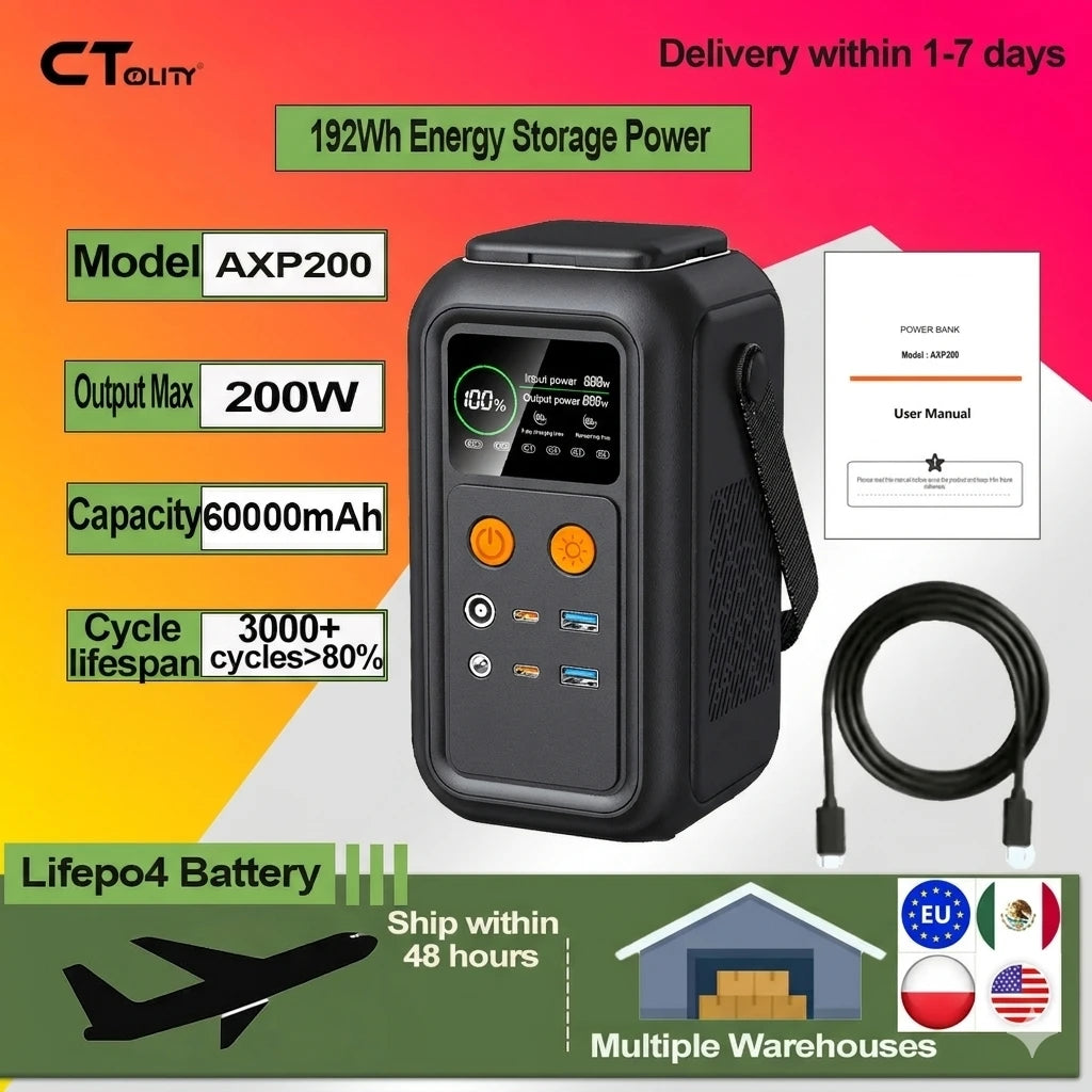 CTOLITY AXP200 Solar Generator Portable Mobile Power Station 200W 192Wh 60000mAh Lifepo4 Battery  for Outdoor Camping RV Home