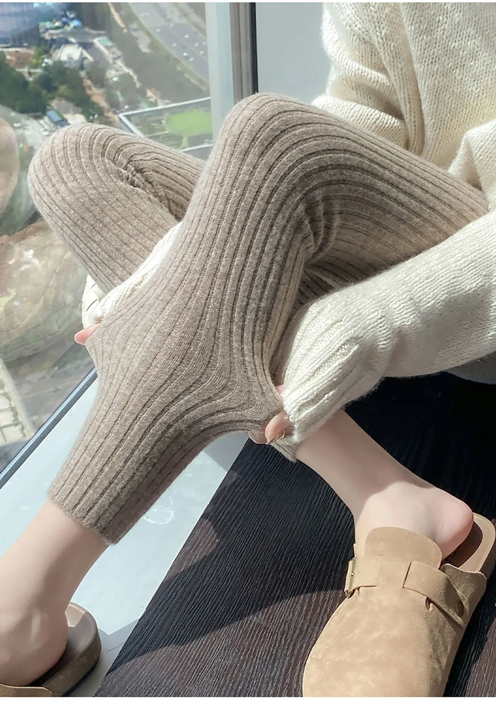 Autumn Winter 100% Merino Wool Leggings for Women Thickening Leggings Small Feet Pencil Pants Outdoor Casual Stretchy Pants
