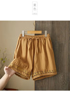 Women's Summer Retro Hollow Lace Trim Linen Shorts Elastic Drawstring Waist Casual Commute Wide Leg Pants