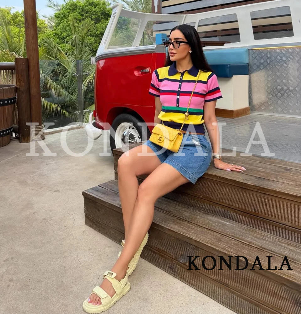 KONDALA Trendy Contrasting Colors Striped Tops Women Casual High Street Polo Shirts 2026 Summer Fashion Holiday Chic Knitted Top