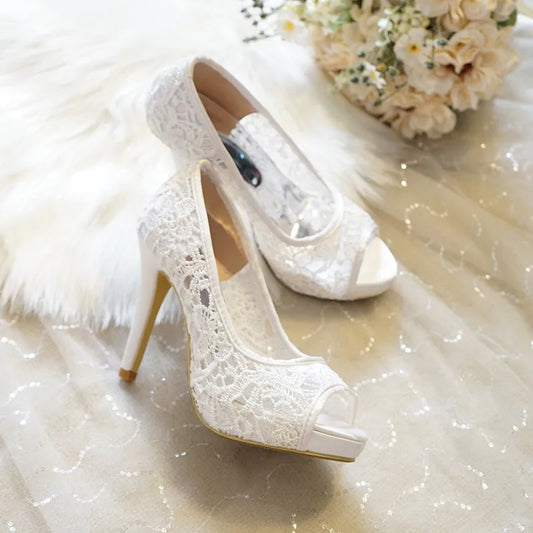 2025 New White Lace Wedding Shoes Fish Mouth High Heels Banquet Single Shoes Women