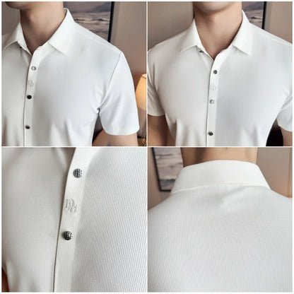 Men's White Business Casual Shirt, Fitted Striped Elastic Short-sleeved Shirt, Exquisite Embroidered Summer Formal Work Uniform.
