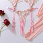 Ellolace Honey Women's Lingerie Sets Romantic Coquette Embroidered Bra 3PC Stockings Premium Gold Thread Jewel Decor Underwear