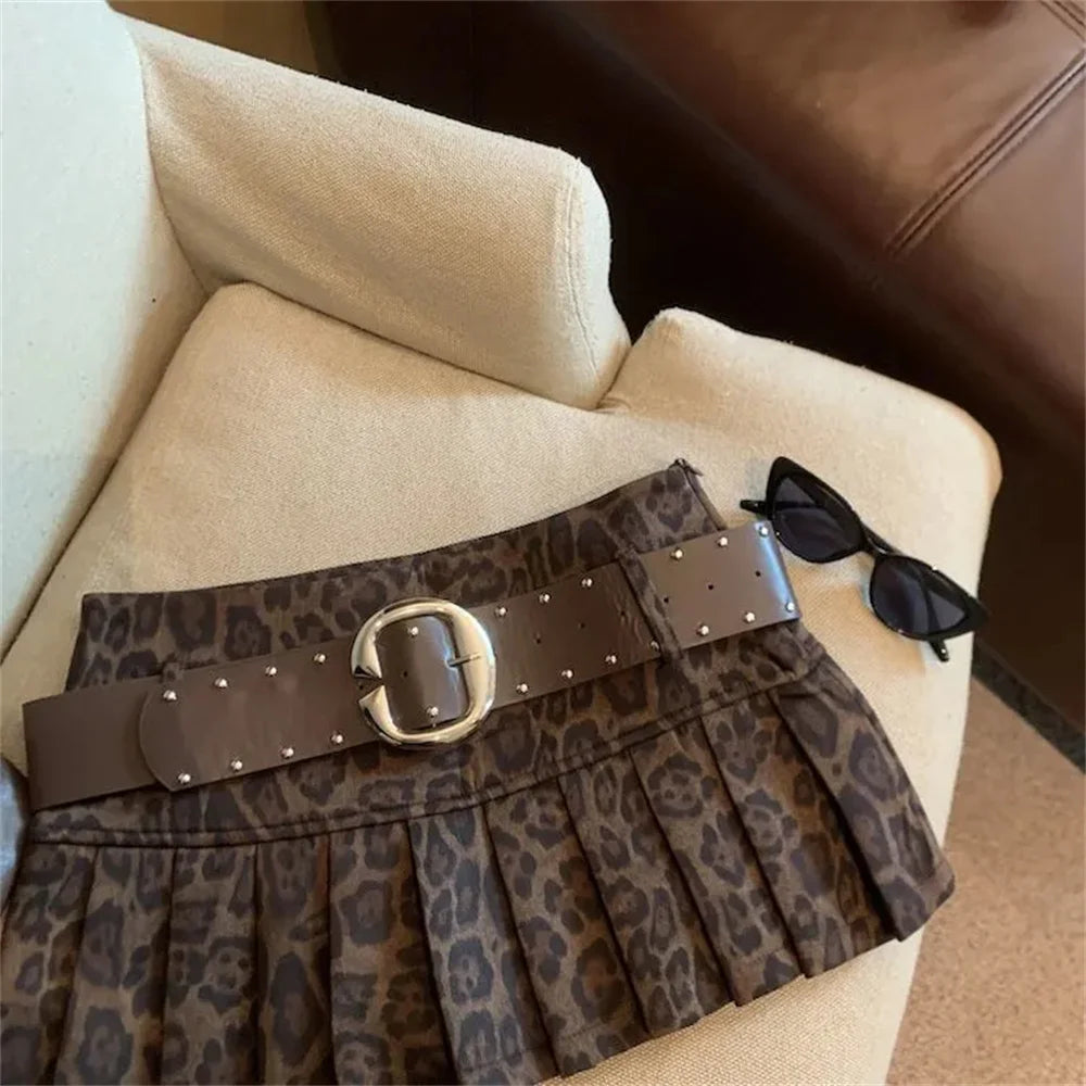 Leopard Print High-Waist Short Skirt Women'S Y2k Sexy Hot Girl New Slim Pleated Skirts Aesthetic High Street Retro A-Line Skirt