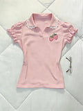 Sweet Design Patchwork Lace Slim T-Shirts Women Casual Kawaii Strawberry Embroidery Polo Collar Tees Fashion Lovable Clothes