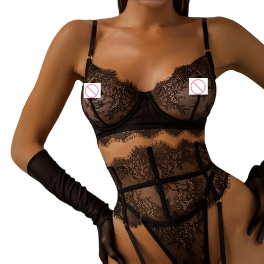 New Eyelash Lace 5-Piece Lingerie Set for Women with Underwire Bra Waistband  Garter Belt Leg Rings Gloves Sexy Comfortable