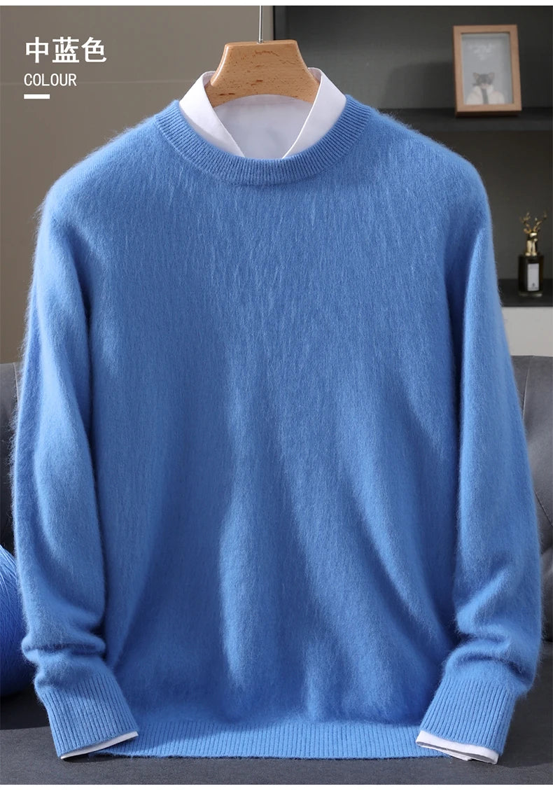Autumn Winter 100% Mink Cashmere Sweater Men's Round Neck Pullover Loose Solid Color Plus Size Base Knit Business Casual Sweater