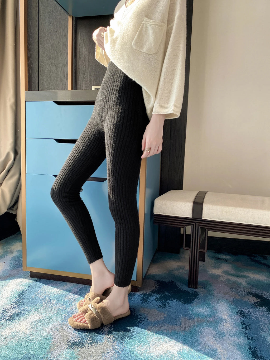 Autumn Winter 100% Merino Wool Leggings for Women Thickening Leggings Small Feet Pencil Pants Outdoor Casual Stretchy Pants