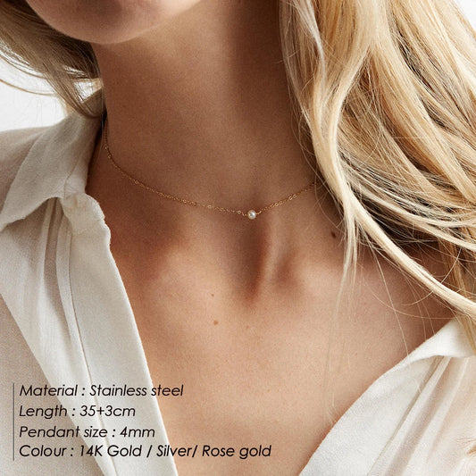 4MM Simulated-pearl Pendant Necklace for Women Dainty Stainless Steel Gold Color Necklace Women