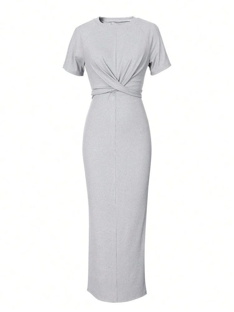 Women Round neck Chest Crossed Waist short sleeve Side split medium-length dress Homecoming Valentine's Day Elegant