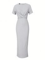 Women Round neck Chest Crossed Waist short sleeve Side split medium-length dress Homecoming Valentine's Day Elegant