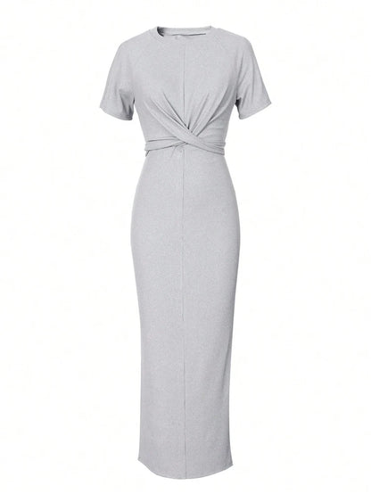 Women Round neck Chest Crossed Waist short sleeve Side split medium-length dress Homecoming Valentine's Day Elegant