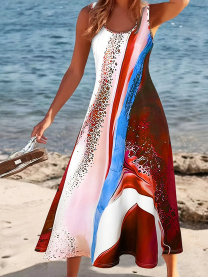 Dresses for Woman Women's Sleeveless with Design-inspired Green Block Pattern Maxi Dress Casual Summer Vacation Style Round Neck