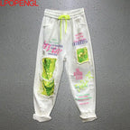 Women's Spring And Summer Personality Color Sequins Ripped Jeans New Drawstring Loose Straight Streetwear Denim Harem Pants