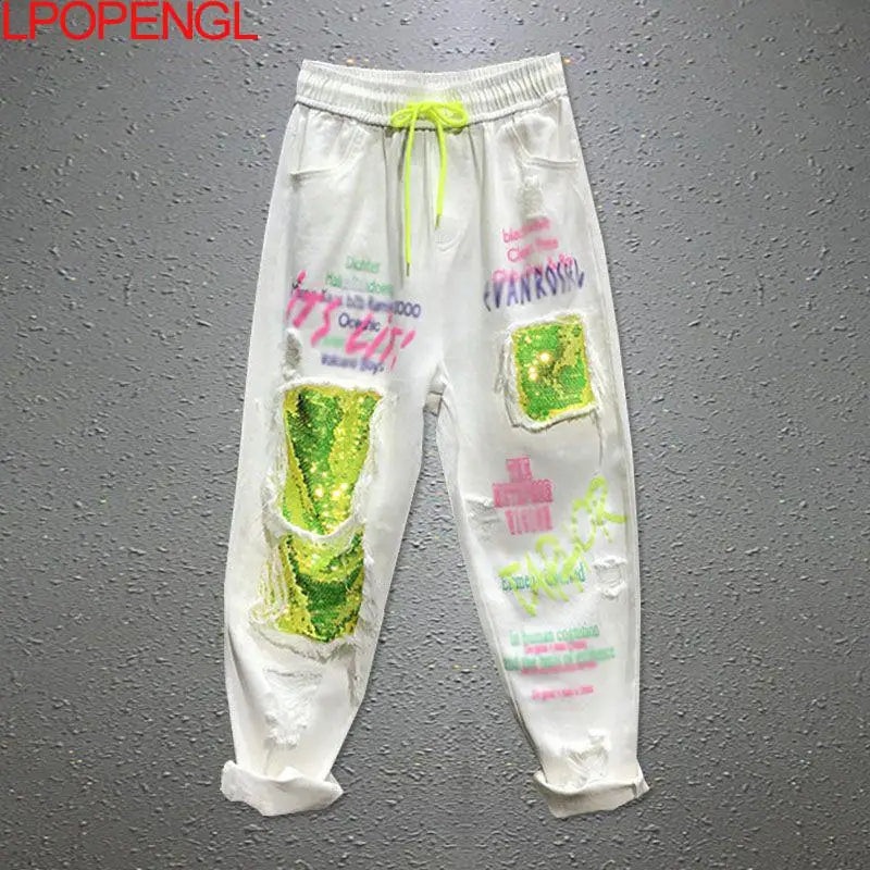 Women's Spring And Summer Personality Color Sequins Ripped Jeans New Drawstring Loose Straight Streetwear Denim Harem Pants