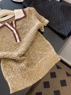 Vintage 2000s Shiny Knit Short Sleeve Tee Women Polo Neck Summer Tops Brown Hollow out Knitwear Lady Clothes Casual T-shirt