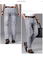 2026 Brand Thin or Thick Material Straight Cotton Stretch Denim Men's  Business Casual High Waist Light Grey Blue Jeans