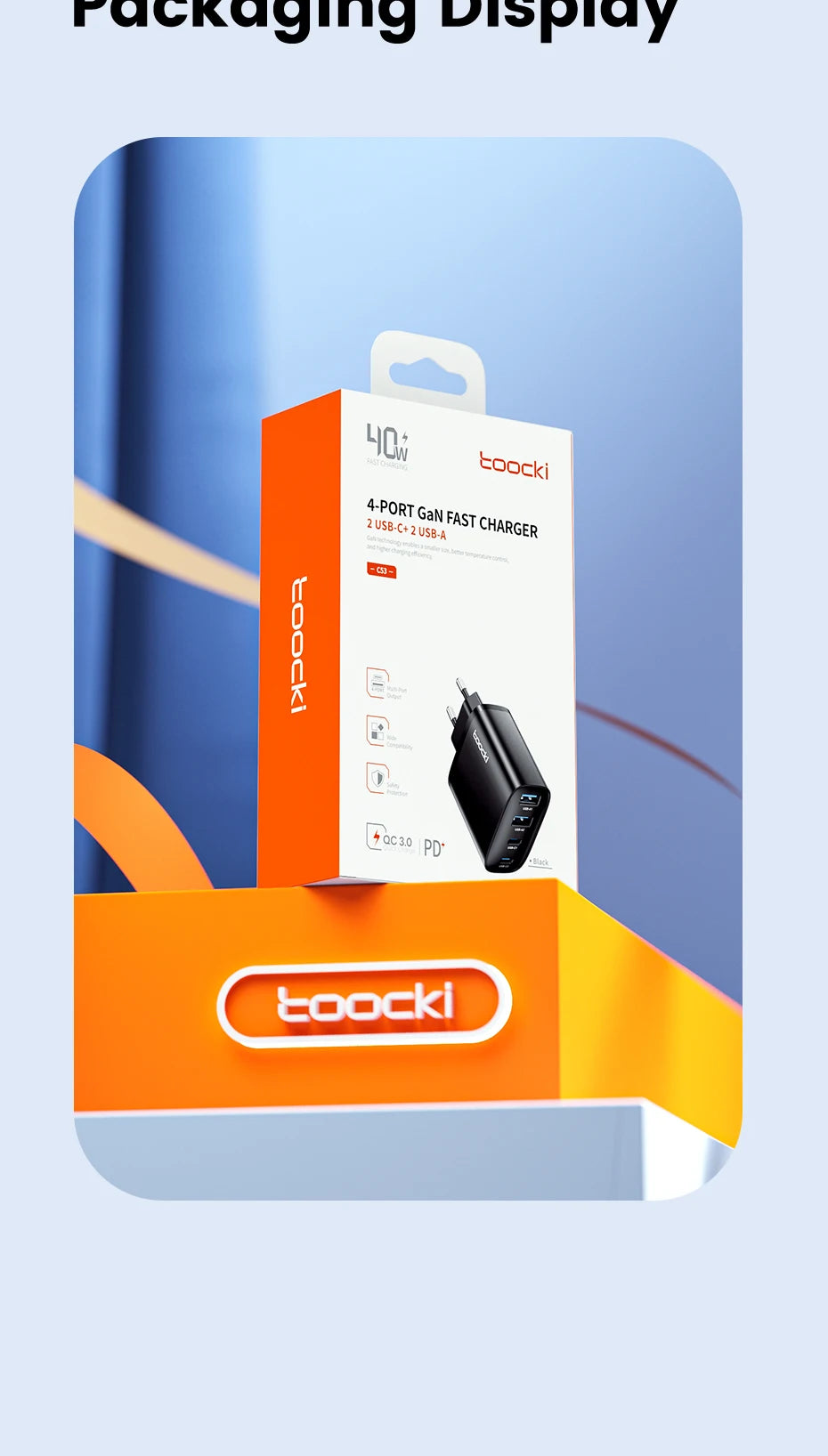 Toocki 40W GaN Fast Charger QC4.0 PD3.0 AFC SCP 4 Port USB Type C Charger for iPhone 16 15 14 Samsung S25 S24 Xiaomi Huawei OPPO