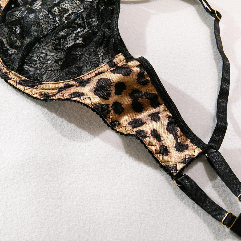 Krasapt Sexy Leopard Printing Lace Patchwork Women Lingerie 3Pcs Sets Romantic Mesh Perspective Intimates Underwear Erotic Set