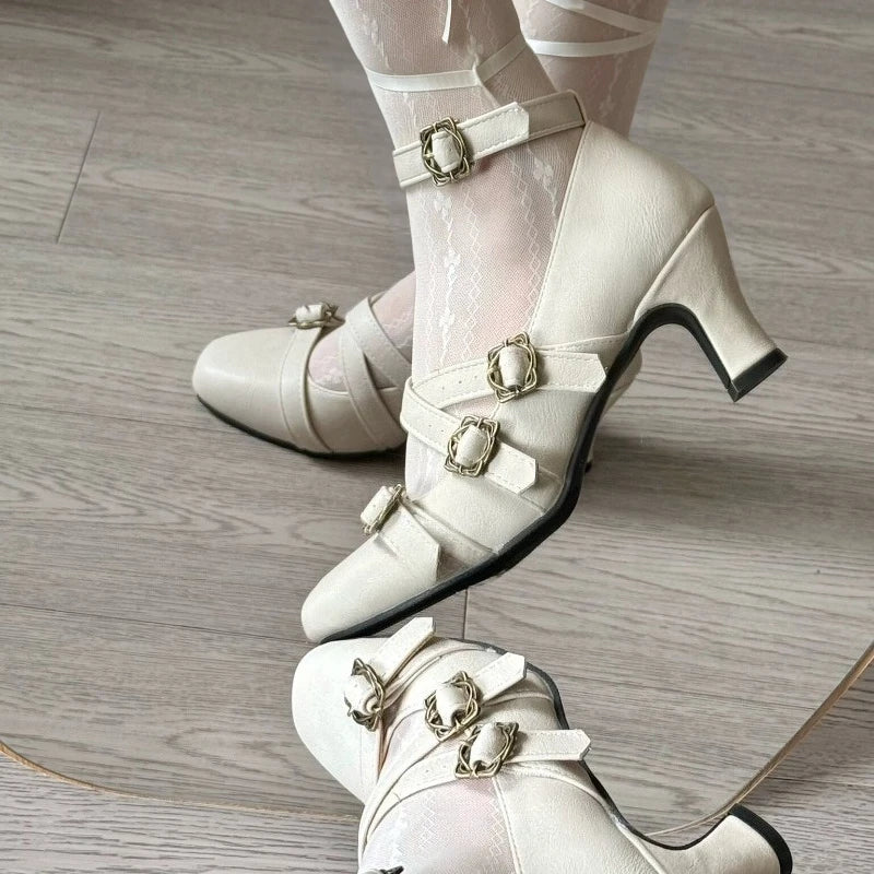 Sweet Lolita Cross Buckle Strap Women Mary Jane Shoes Fashion Multi Metal Buckle Shoes Retro Wedding Party Dress Ladies Pumps