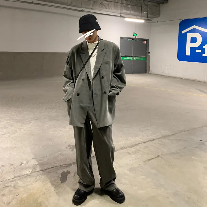 Spring Summer New Fashion Men's Korean Striped 2-piece Set Suits Blazers Pants Casual Trendy Straight Business Suit Male Sets